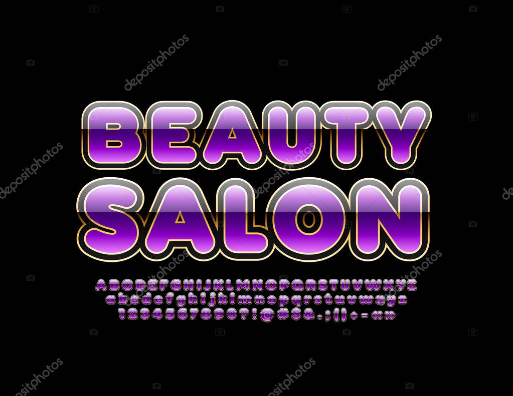 Vector stylish Sign Beauty Salon. Bright colorful Font. Glossy Alphabet Letters, Numbers and Symbols.