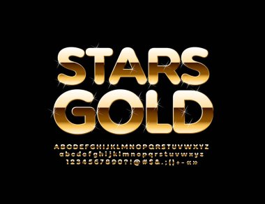 Altın alfabesi harfleri, sayıları ve sembolleri parlak yıldız ile vektör. Elit parlak yazı tipi