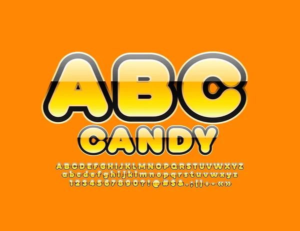 Vector Candy Alfabetet Glänsande Uppsättning Gula Bokstäver Siffror Och Symboler — Stock vektor