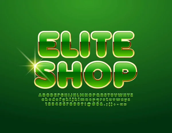 Vektor Goldenes Und Grünes Emblem Elite Shop Glänzende Alphabetsätze Schriftart — Stockvektor