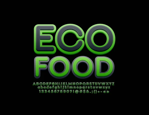 Emblema Moderno Vettoriale Eco Food Con Alfabeto Nero Verde Font — Vettoriale Stock