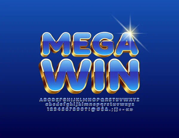 Cartel Lujo Vectorial Mega Win Con Fuente Azul Dorada Letras — Vector de stock