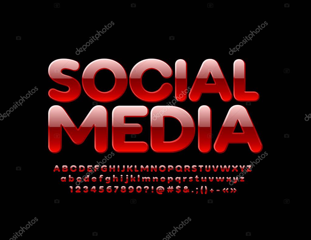 Vector bright Sign Social Media. Red glossy Font. Stylish Alphabet Letters, Numbers and Symbols.