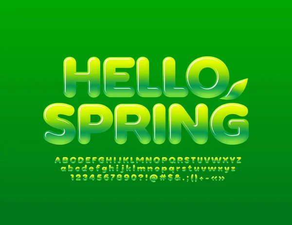 Vector Färska Affisch Hej Våren Med Övertoningsfärg Teckensnitt Grönt Glansigt — Stock vektor