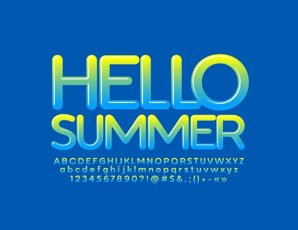 Vector Heldere Poster Hallo Zomer Met Kleurrijke Lettertype Glanzende Alfabetletters — Stockvector