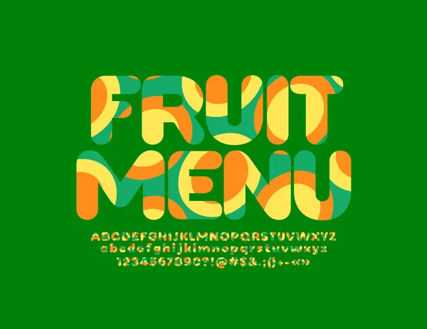 Vector Kleurrijke Embleem Met Tekst Fruit Menu Alfabet Letters Cijfers — Stockvector