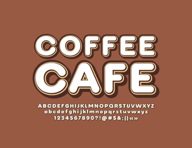 Vektör vintage amblemi kahve Cafe. Benzersiz şık yazı tipi. Parlak alfabesi harfleri, sayıları ve sembolleri.