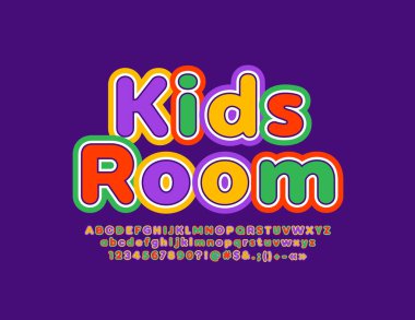 Komik yazı ile vektör renkli amblem çocuk odası. Çocuklar için parlak alfabe harfler, sayılar ve semboller.