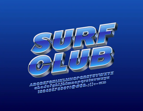 Vector Metallic Logo Surf Club Blauw Zilver Font Reeks Heldere — Stockvector