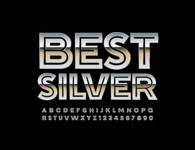 Vektör En Iyi gümüş yazı. Parlak alfabe seti. Metalik yansıtıcı harfler ve sayılar