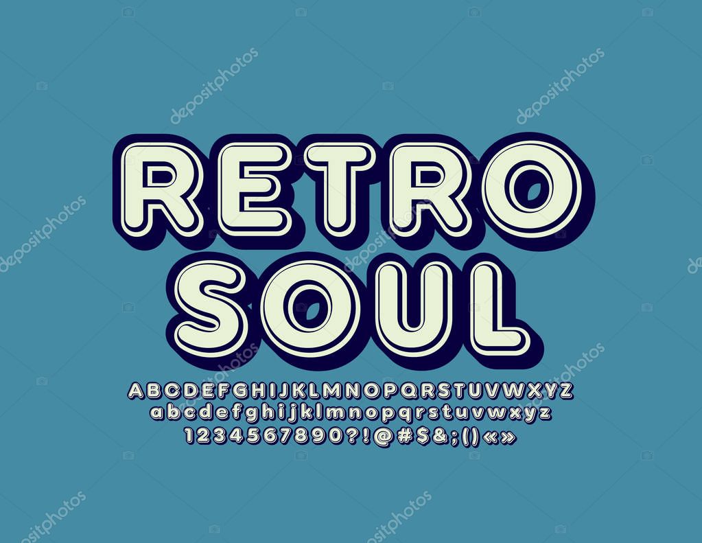 Vector blue emblem Retro Soul with 3D Font. Vintage isometric Alphabet Letters, Numbers and Symbols