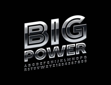 Modern Font ile Vektör gümüş logosu Big Power. Metalik Büyük Harf Alfabe Sharfleri ve Sayıları