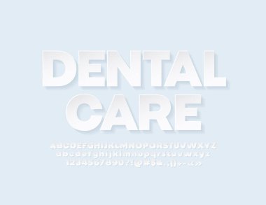 Modern Font ile Vektör afiş Diş Bakımı. İş Tasarımı için Beyaz Alfabe. Harf, Sayı ve Semboller Kümesi 