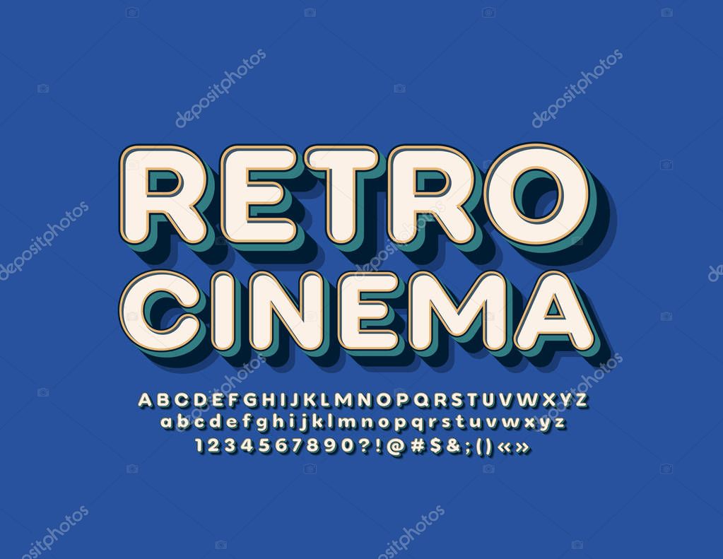 Vector poster Retro Cinema with 3D Font. Vintage style Alphabet. Isometric Letters, Numbers and Symbols