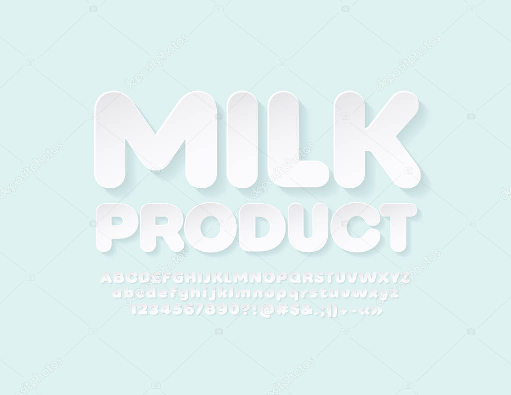 Vector white modern sign Milk Product. Trendy Alphabet Letters, Numbers and Symbols. Realistic stylish Font