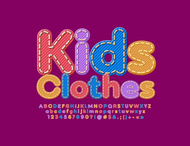 Renkli Font ile Vektör denim amblemi Çocuk Giyim. Jeans dokulu Alfabe Harfleri, Sayılar ve Semboller