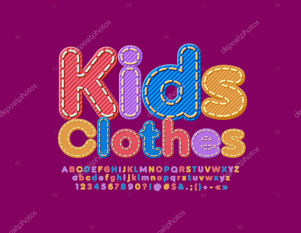 Vector denim emblem Kids Clothes with colorful Font. Jeans textured Alphabet Letters, Numbers and Symbols