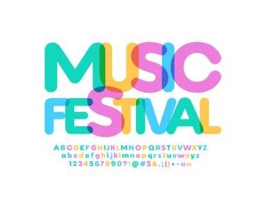 Vektör renkli poster Müzik Festivali. Şeffaf parlak düz Font. Yaratıcı Alfabe Harfleri, Sayılar ve Semboller 