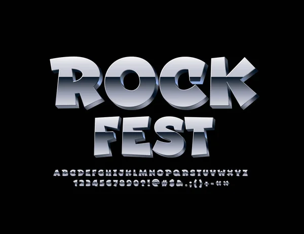 Vector Módní Proužek Rock Fest Kovovým Písmem Sada Stříbrných Abecedních — Stockový vektor