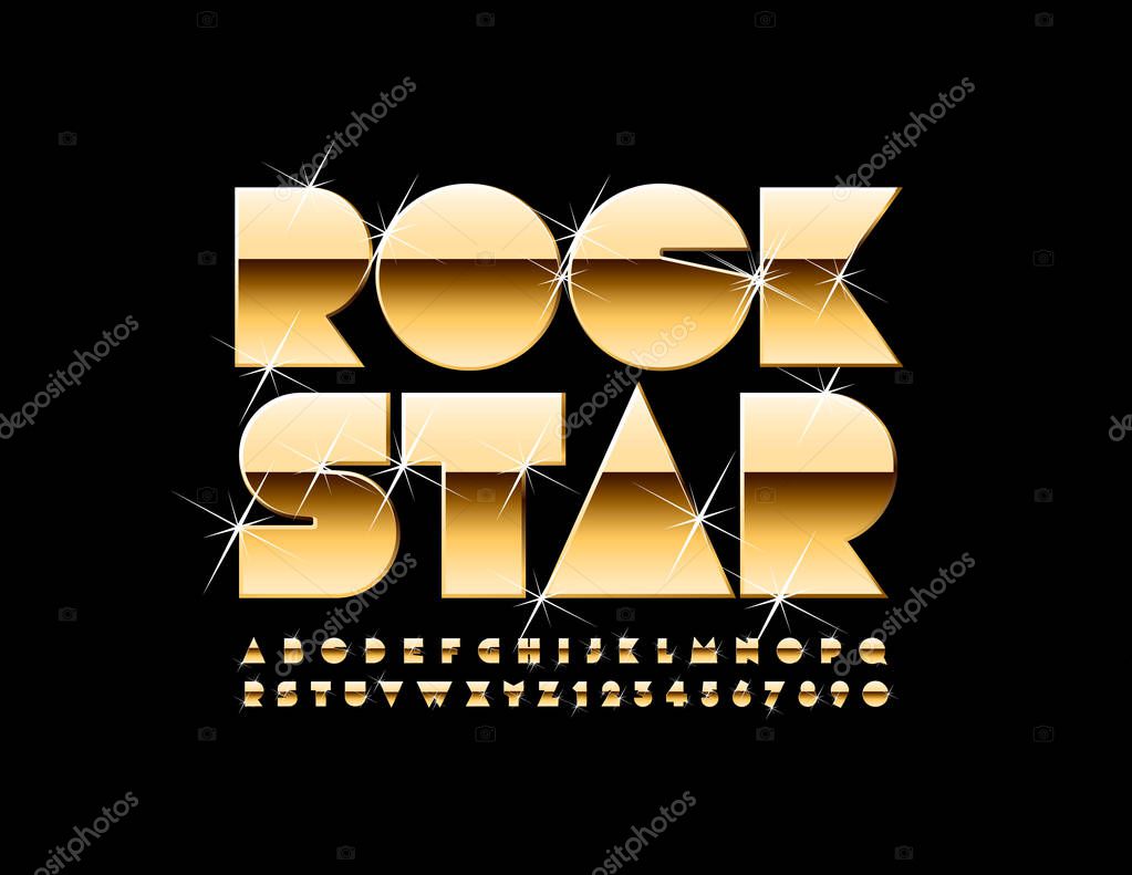 Vector golden poster Rock Star. Luxury sparkling Font. Elite Alphabet Letters, Numbers and Symbols with glitter