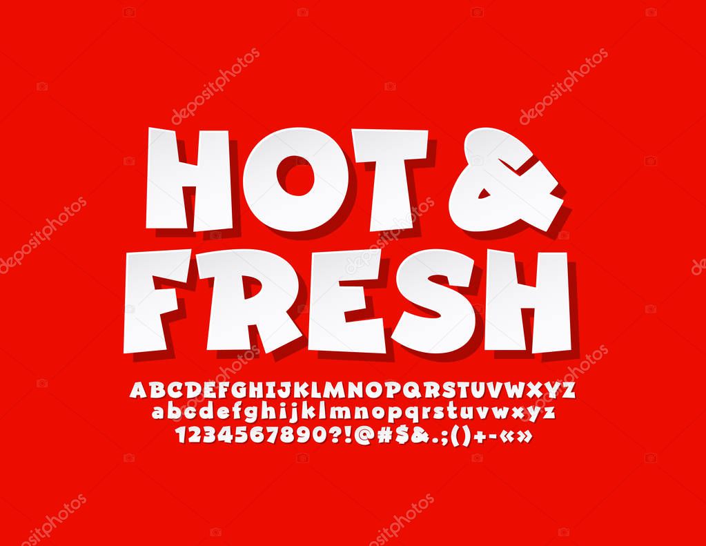 Vector advertising logotype Hot and Fresh with white Font. Modern Alphabet Letters, Numbers and Symbols