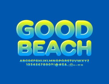 Parlak Alfabe Harfler, Sayılar ve Semboller ile Vektör parlak amblemi Good Beach. Degrade renk Font 