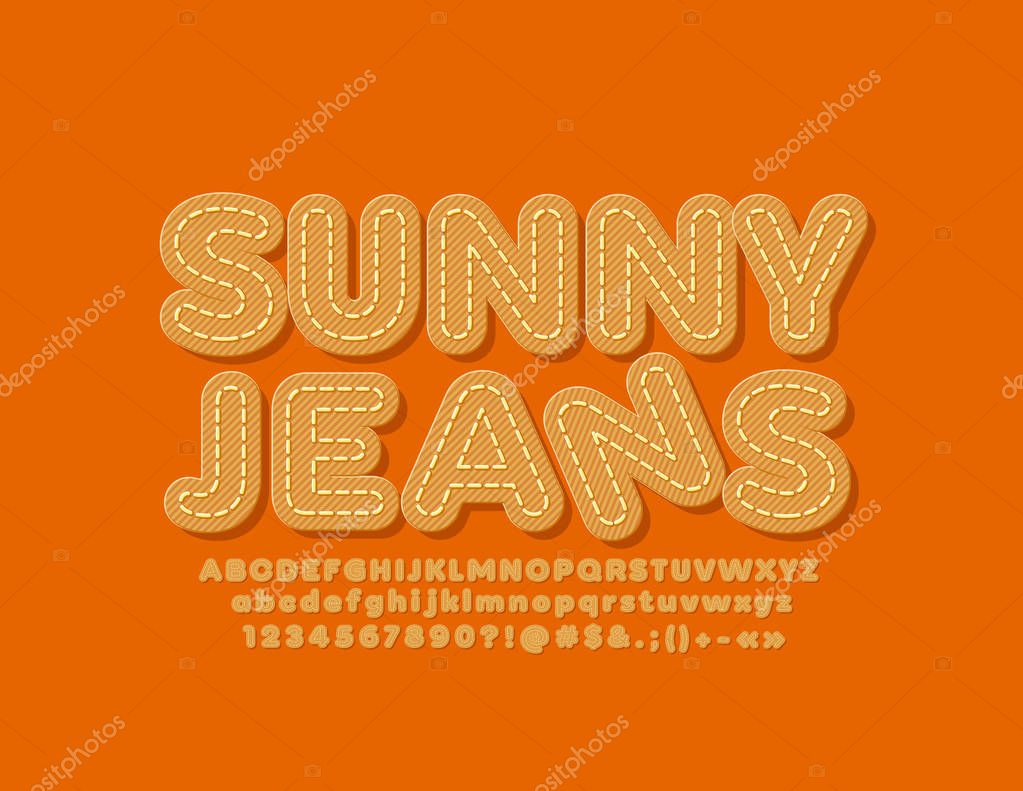 Vector bright banner Sunny Jeans. Orange fabric Font. Stitched Alphabet Letters, Numbers and Symbols