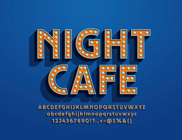 Vektör vintage tarzı Sign Night Cafe. Parlak Lamba Font. Retro ampul Alfabe Harfler, Sayılar ve Semboller.