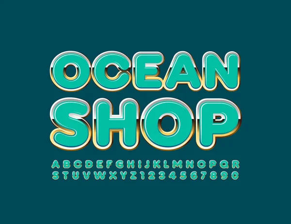 Vector Belo Logotipo Ocean Shop Fonte Golden Maiúscula Letras Números — Vetor de Stock