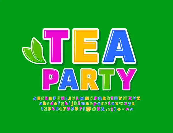 Векторный Красочный Плакат Tea Party Декоративными Листьями Яркие Буквы Цифры — стоковый вектор