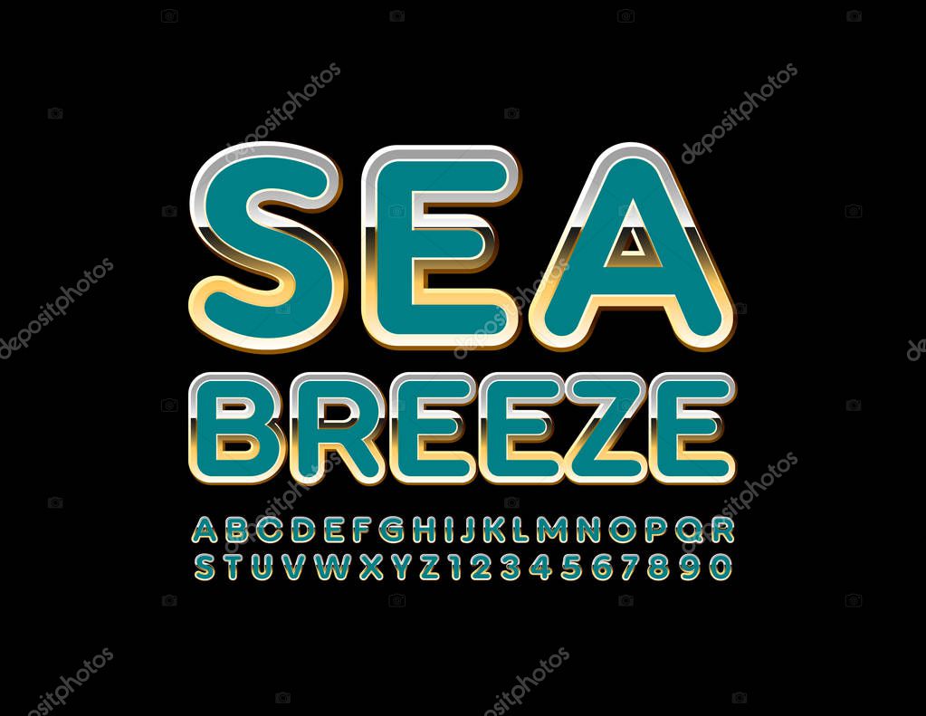 Vector chic banner Sea Breeze. Beautiful Uppercase Font. Golden Alphabet Letters and Numbers