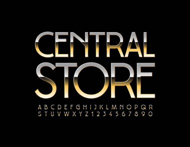 Vektör lüks Sign Central Store. Zarif şık Font. Alfabe Harfleri, Sayıları ve Sembolleri Altın Kümesi.
