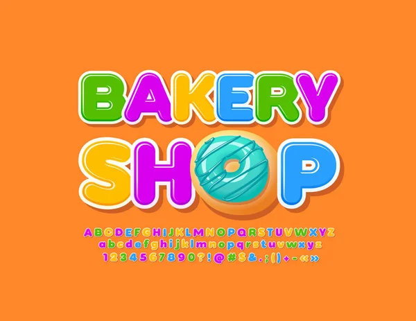 Emblema Colorato Vettoriale Bakery Shop Con Carattere Lucido Lettere Numeri — Vettoriale Stock