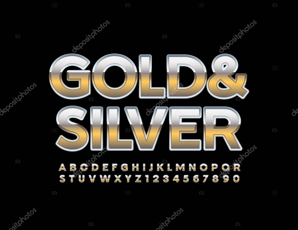 Vector Gold and Silver Alphabet. Uppercase reflective Font. Metallic Letters and Numbers set