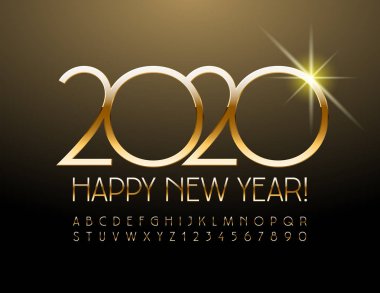 Vektör şık Tebrik Kartı Mutlu Yeni Yıl 2020. Şık Altın Font. Lüks Alfabe Harfler ivedleri ve Sayıları.