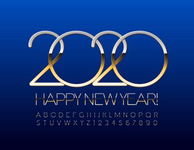 Vektör şık Mutlu Yeni Yıl 2020 Harfler ve Semboller parlak Alfabe seti ile Tebrik Kartı. İnce Altın Yazı Tipi.