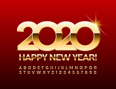 Vektör lüks Tebrik Kartı Happy New Year 2020. Alfabe Harfler, Sayılar ve Semboller Şık kraliyet seti. Benzersiz Altın Yazı Tipi.