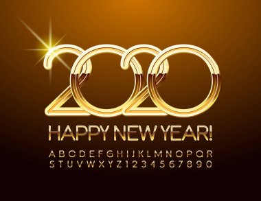 Vektör şık Tebrik Kartı Mutlu Yeni Yıl 2020. Güzel Altın Font. Alfabe Harfleri, Sayıları ve Sembolleri Şık seti.