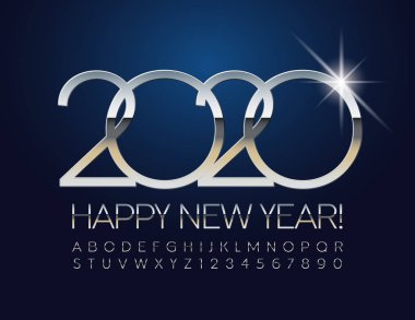 Vektör şık Happy New Year 2020 Tebrik Kartı. Zarif Alfabe Harf ve Semboller kümesi. Gümüş ince Font.