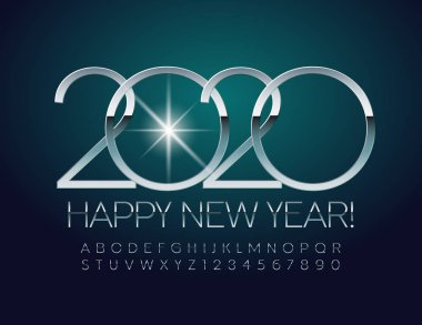 Vektör Happy New Year 2020 Tebrik Kartı. Zarif Alfabe Harf ve Semboller kümesi. Gümüş parlak Yazı Tipi.
