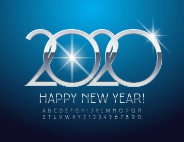 Vektör şık Mutlu Yeni Yıl 2020 Tebrik Kartı Harfler ve Semboller şık Alfabe seti ile. Gümüş parlak Yazı Tipi.