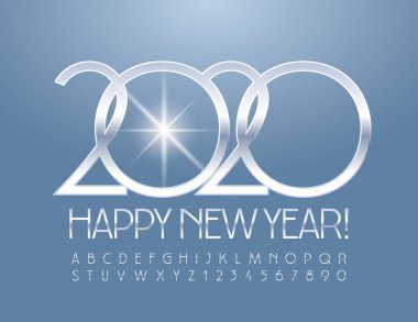 Vektör şık Merry Christmas 2020 Tebrik Kartı Harfler ve Semboller şık Alfabe seti ile. Gümüş parlak Yazı Tipi.