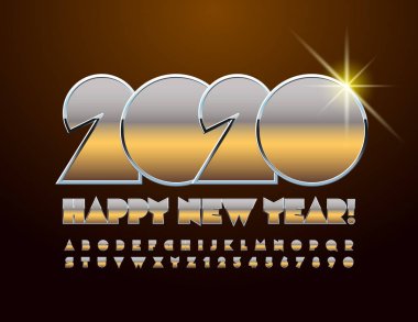 Vektör şık tebrik kartı Mutlu yıllar 2020! Altın Büyük harf yazı tipi, Parlak harf ve rakamlar