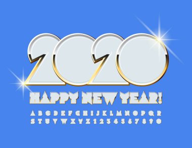 Vektör şık tebrik kartı Mutlu yıllar 2020! Lüks Beyaz ve Büyük Harf Yazı Tipi. Parlak Alfabe Harfleri ve Sayıları