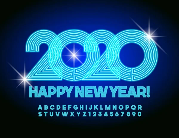 Vector Creatieve Wenskaart Gelukkig Nieuwjaar 2020 Met Blauw Neon Lettertype — Stockvector