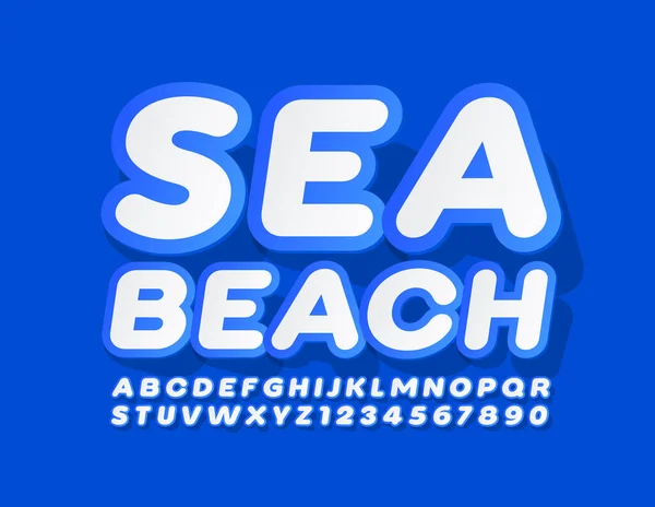 Beyaz Mavi Yazı Tipiyle Deniz Sahili Nin Yaratıcı Simgesi Etiket — Stok Vektör