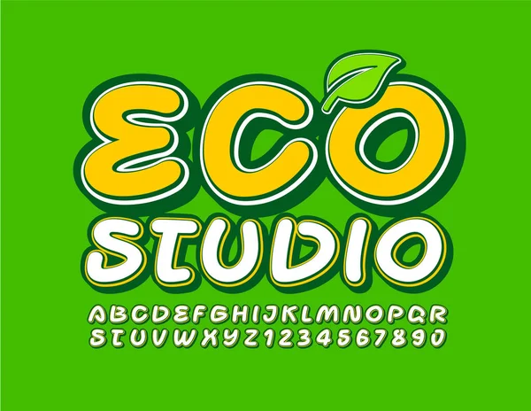 Vector Teken Eco Studio Met Decoratief Blad Creatief Retro Lettertype — Stockvector