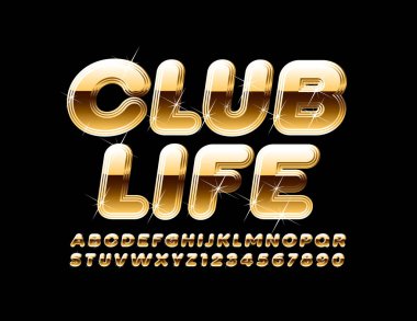 Vector Gold, Star Font ile Club Life tabelası. Parlak Elit Alfabe Harfleri ve Sayıları
