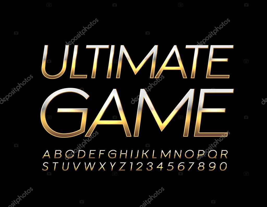 Vector stylish Emblem with text Ultimate Game. Luxury Alphabet Letters and Numbers. Chic Golden Font.