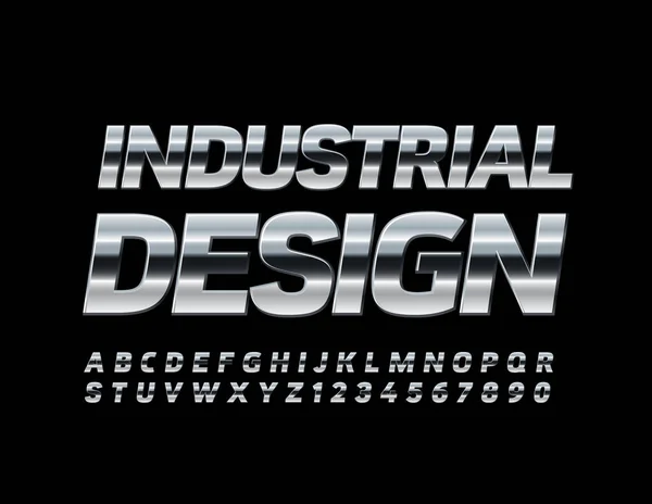 Vector Industrial Design Metallic Font Srebrne Błyszczące Litery Cyfry Alfabetu — Wektor stockowy